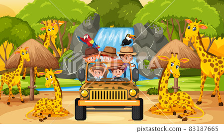 Safari at sunset scene with kids watching giraffe group 83187665