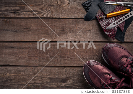 Leather crafting. Tools flat lay still life Leather crafting. Tools flat lay still life 83187888