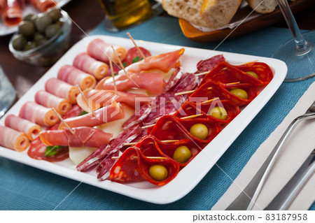 Spanish sausage sliced - chorizo, fuet, jamon, salami, bacon Spanish sausage sliced - chorizo, fuet, jamon, salami, bacon 83187958