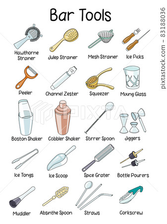 Various bar cocktail tool accessories instruments such as shaker glasses strainers jiggers. Collection set of hand-drawn doodle cartoon style illustrations. A4 A3 standard paper size good for posters. 83188036