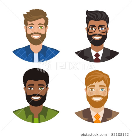Set of persons with heterochromia. Handsome man with different eye colors - blue, green, brown. Smiling, cheerful, bearded characters. Cartoon style. Vector portraits isolated on a white background. 83188122