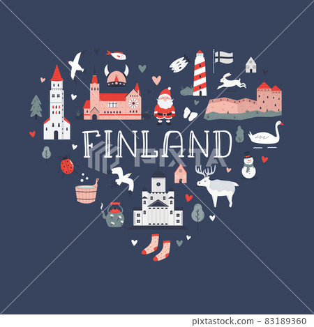 Poster in a modern flat style with famous symbols and landmarks of Finland 83189360