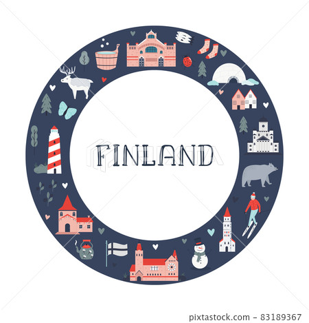 Poster in a modern flat style with famous symbols and landmarks of Finland 83189367