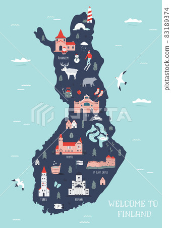 Vector illustrated map of Finland with famous symbols 83189374