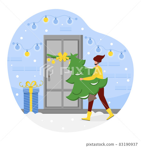 Happy New Year Merry Christmas Tree People Holiday 83190937