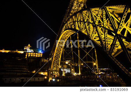 Portugal, night Porto, lights of night city, night panoramic view of The Eiffel Bridge, Ponte Dom Luis, Bridge Ponti Di Don Luis 83191069