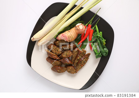 Local Northern Thai food , Northern Thai spicy sausage street food isolated in white background 83191384