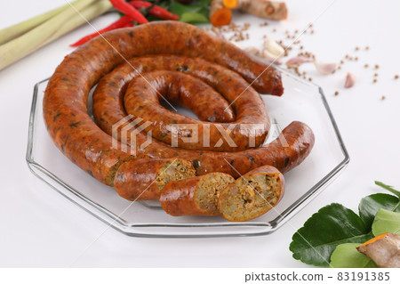 Local Northern Thai food , Northern Thai spicy sausage street food isolated in white background Local Northern Thai food , Northern Thai spicy sausage street food isolated in white background 83191385