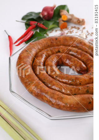 Local Northern Thai food , Northern Thai spicy sausage street food isolated in white background 83191415