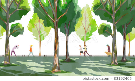 Handwritten watercolor style illustration of a park with sunlight through the trees 83192405