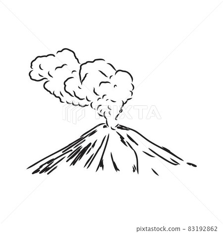 Vector draw sketch of the volcano. The eruption and smoke against the sky with clouds. 83192862