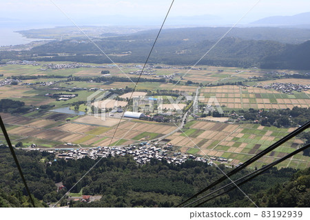 Overhead lines seen from the gondola, forests of green trees, colorful fields, sports parks, ponds, mountains, hazy towns, and Lake Biwa 83192939