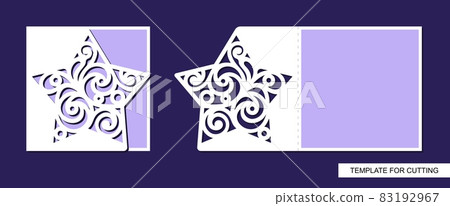 Festive Christmas card with an openwork star. A folding invitation or congratulation with a place for text (copy space). Template for laser plotter cutting of paper, cardboard. Vector illustration. Festive Christmas card with an openwork star. A folding invitation or congratulation with a place for text (copy space). Template for laser plotter cutting of paper, cardboard. Vector illustration. 83192967