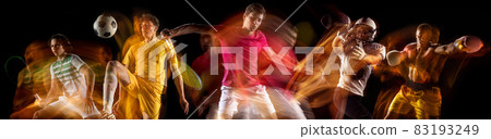 Sportsmen playing basketball, soccer, american footbal, volleyball on black background in mixed light. Collage 83193249