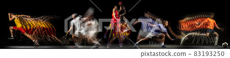 Sportsmen playing basketball, soccer, american footbal, volleyball on black background in mixed light. Collage Sportsmen playing basketball, soccer, american footbal, volleyball on black background in mixed light. Collage 83193250