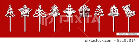 Set of New years decorations - toppers for cakes with Christmas tree, star, gift, angel, sock, gift, candles. Template for laser cutting, wood carving, paper cut and printing. Vector illustration. Set of New years decorations - toppers for cakes with Christmas tree, star, gift, angel, sock, gift, candles. Template for laser cutting, wood carving, paper cut and printing. Vector illustration. 83193814