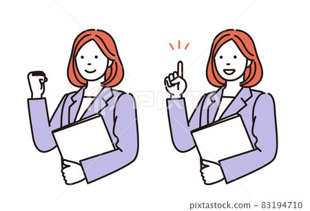A simple illustration of a business woman holding a document aside and explaining or doing a guts pose 83194710