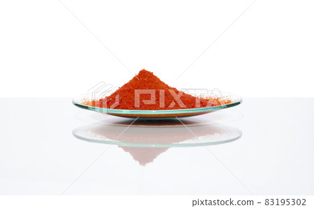 Close up chemical ingredient on white laboratory table. Potassium Ferricyanide in Chemical Watch Glass. Side View 83195302