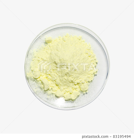 Close up chemical ingredient on white laboratory table. Sulfur Powder in Chemical Watch Glass. Top View 83195494