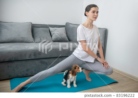 A girl in a white tshirt exercising together with her puppy 83196222