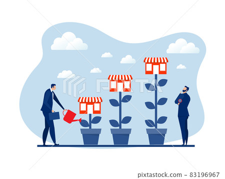 Franchise shop,business with growth tree.Real estate business promotional SME Flat vector illustration. Franchise shop,business with growth tree.Real estate business promotional SME Flat vector illustration. 83196967