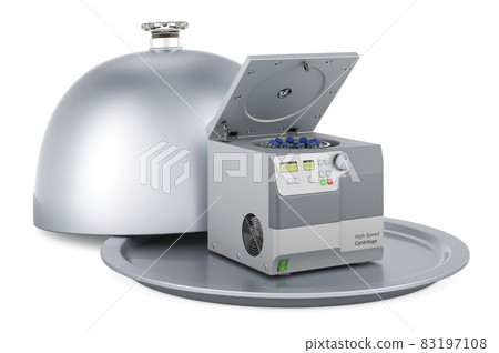 Restaurant cloche with laboratory centrifuge, 3D rendering Restaurant cloche with laboratory centrifuge, 3D rendering 83197108