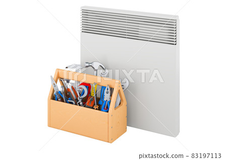 Convection heater with toolbox. Repair and service of convection heater, 3D rendering Convection heater with toolbox. Repair and service of convection heater, 3D rendering 83197113