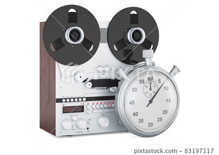 Stopwatch with reel-to-reel tape recorder, 3D rendering 83197117