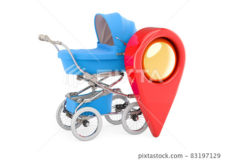 Baby stroller with map pointer. 3D rendering Baby stroller with map pointer. 3D rendering 83197129