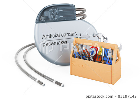 Cardiac pacemaker with toolbox. Artificial cardiac pacemaker repair concept. 3D rendering Cardiac pacemaker with toolbox. Artificial cardiac pacemaker repair concept. 3D rendering 83197142
