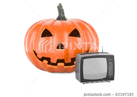 Halloween pumpkin with TV set, 3D rendering Halloween pumpkin with TV set, 3D rendering 83197185