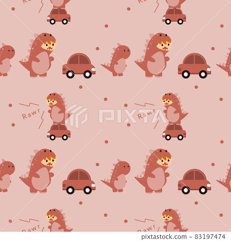 cute red dinosaur with car around fabric seamless cute pattern cute red dinosaur with car around fabric seamless cute pattern 83197474