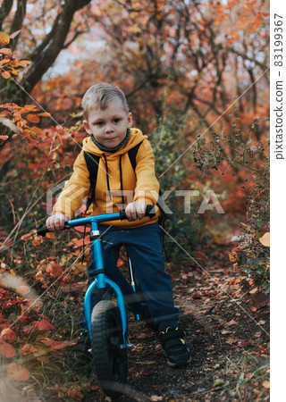 Boy on a balance bike ride in the autumn forest Boy on a balance bike ride in the autumn forest 83199367
