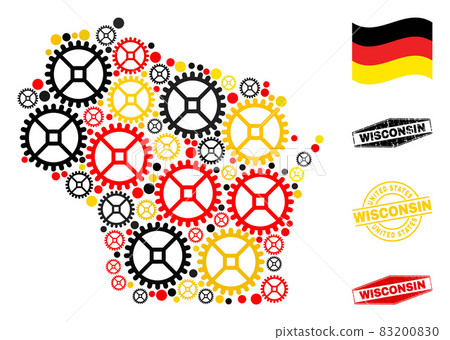 Wheel Mosaic Wisconsin State Map in German Flag Colors and Grunge Seals 83200830