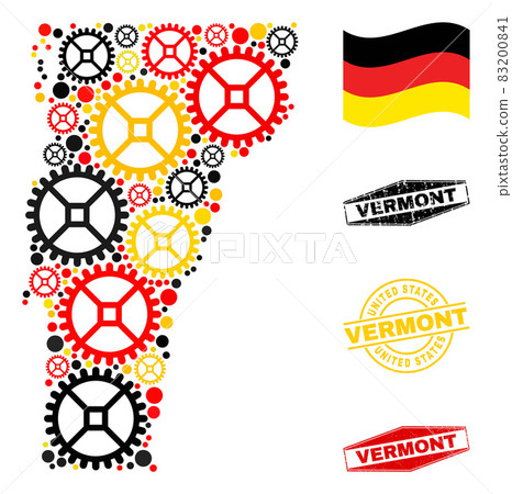 Workshop Composition Vermont State Map in German Flag Colors and Grunge Seals 83200841