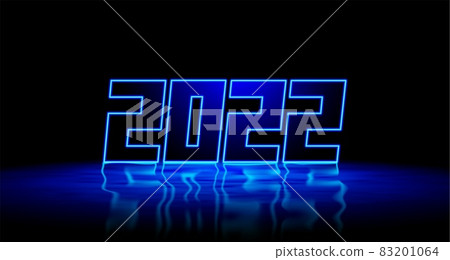 2022 New Year blue neon sign with shiny 3D digits and realistic reflection on wet floor. 2021 New Years Eve party or event invitation card emblem or cover 83201064