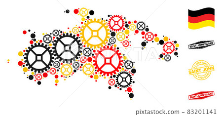 Wheel Composition Saint John Island Map in German Flag Colors and Grunge Seals 83201141