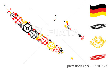Wheel Collage New Caledonia Islands Map in German Flag Colors and Grunge Stamps 83201524
