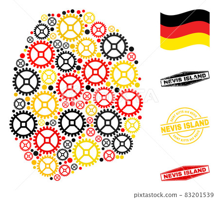 Service Mosaic Nevis Island Map in German Flag Colors and Grunge Stamps 83201539