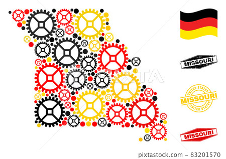 Cog Collage Missouri State Map in German Flag Colors and Grunge Stamps 83201570