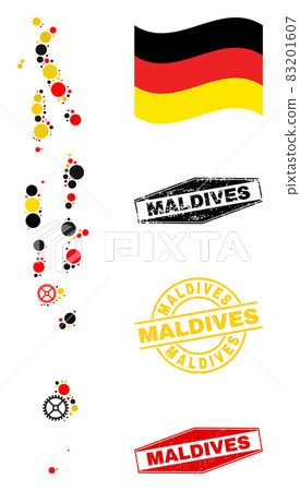 Cog Composition Maldives Map in German Flag Colors and Grunge Stamps 83201607