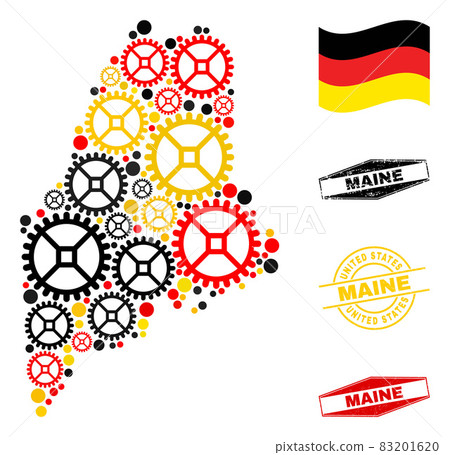 Gearwheel Composition Maine State Map in German Flag Colors and Grunge Stamps Gearwheel Composition Maine State Map in German Flag Colors and Grunge Stamps 83201620