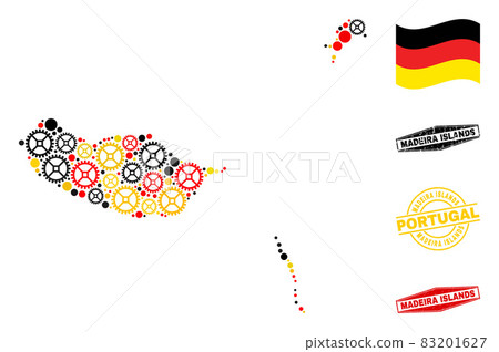 Gear Mosaic Madeira Islands Map in German Flag Colors and Grunge Stamps Gear Mosaic Madeira Islands Map in German Flag Colors and Grunge Stamps 83201627