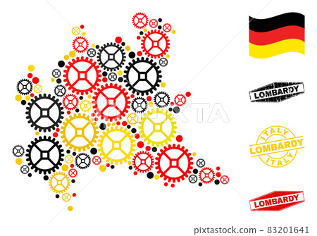Gearwheel Composition Lombardy Region Map in German Flag Colors and Grunge Stamps 83201641