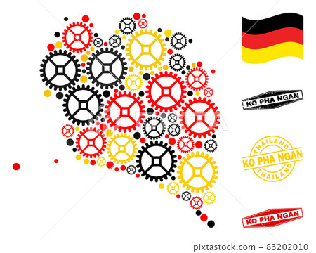 Gearwheel Composition Ko Pha Ngan Map in German Flag Colors and Grunge Stamps 83202010