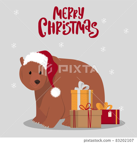 Christmas greeting card. Cartoon bear with gifts.  83202107