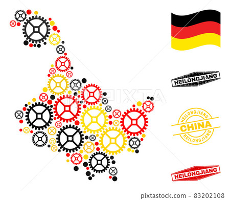 Gearwheel Composition Heilongjiang Province Map in German Flag Colors and Grunge Seals 83202108