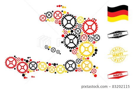 Gearwheel Mosaic Haiti Map in German Flag Colors and Grunge Seals 83202115