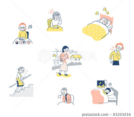 一組針對身體狀況不佳的女性的各種場景 一組針對身體狀況不佳的女性的各種場景 83203816