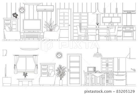 Interior line drawing vector illustration. Kitchen. Living room. Dining room. Interior line drawing vector illustration. Kitchen. Living room. Dining room. 83205129